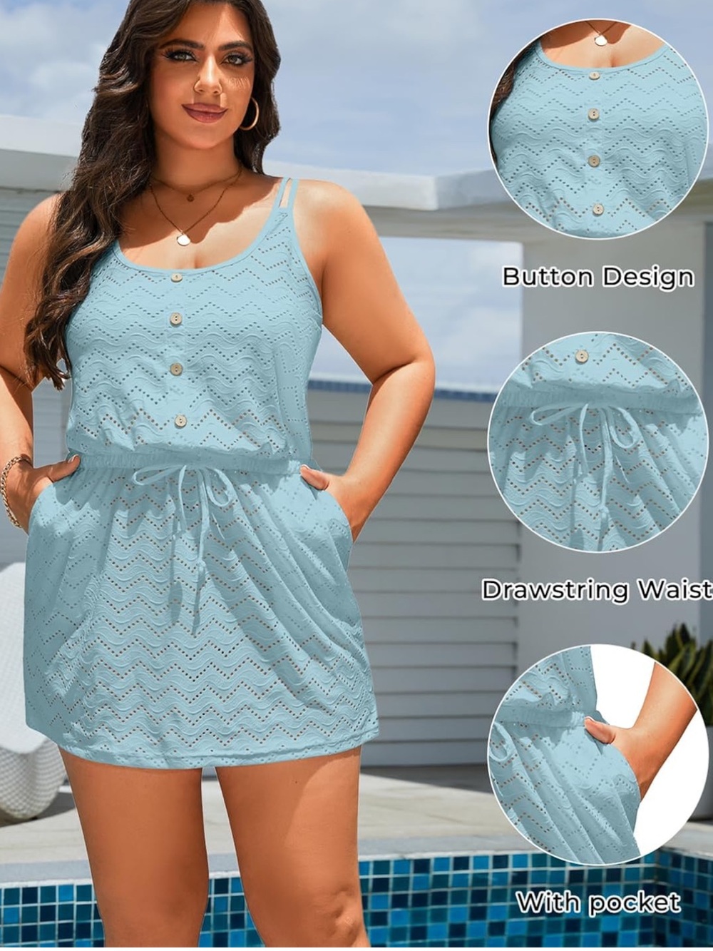 Yonique Swimsuit Cover Up - Hollow Out Button Down Beach Coverup. Size 14W - Picture 6 of 6